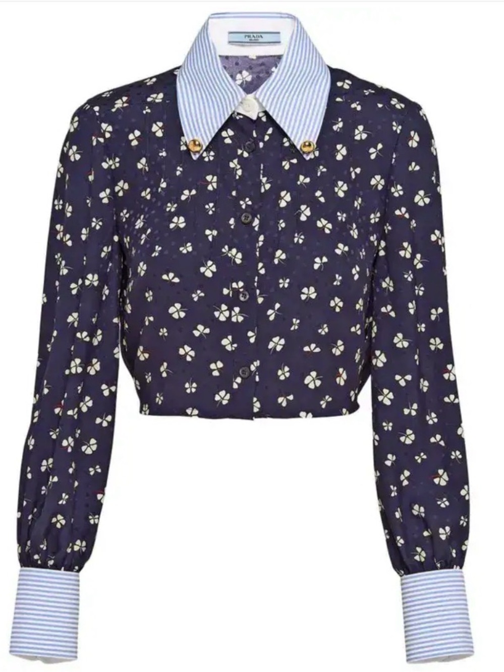 Prada Navy Floral Cropped Button-Down with Striped Collar SZ 38
